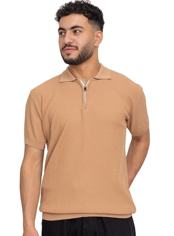 Beige Design 01025Knit Polo Neck Zipper - T-Shirt - Khotwh