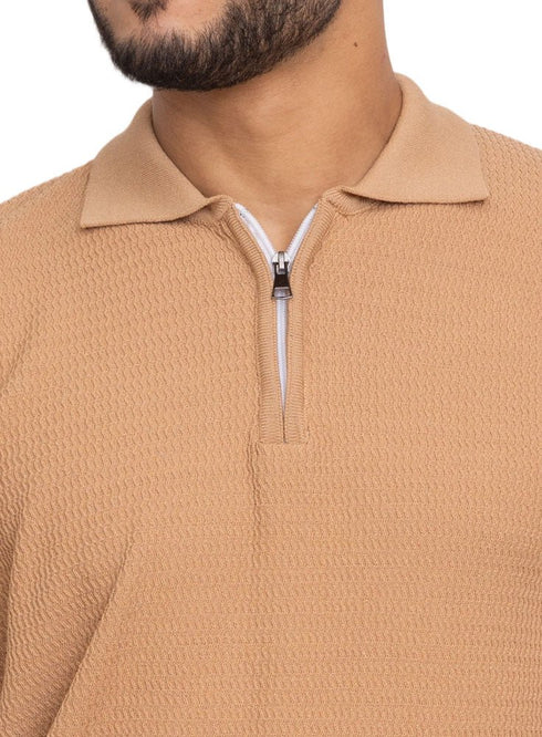 Beige Design 01025Knit Polo Neck Zipper - T-Shirt - Khotwh