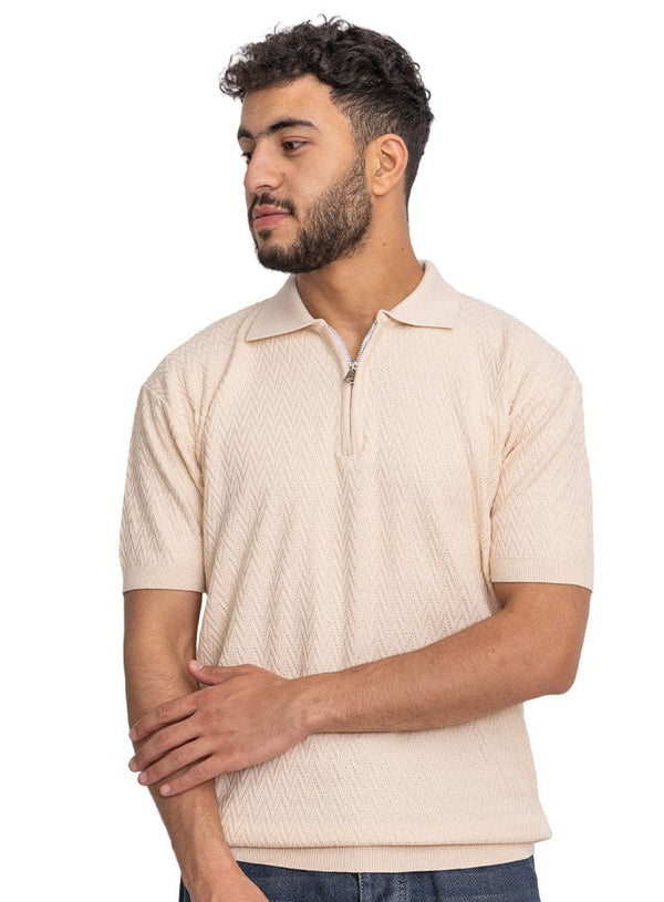 Beige Design 01047Knit Polo Neck - T-Shirt - Khotwh