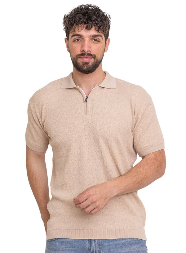Beige Design 01048Knit Polo Neck - T-Shirt - Khotwh