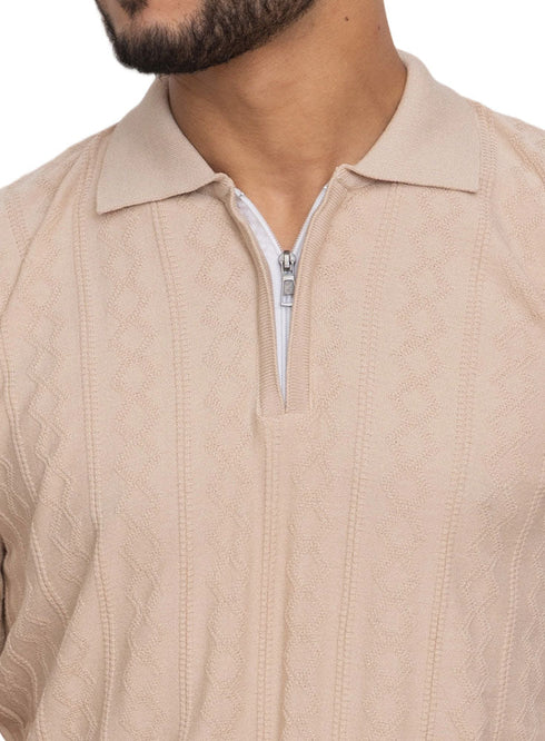 Beige Design 01054Knit Polo Neck Zipper - T-Shirt - Khotwh