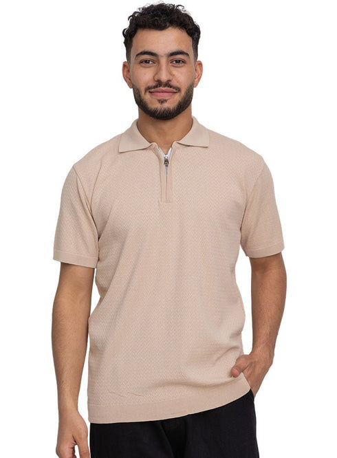 Beige Design 01056Knit Polo Neck Zipper - T-Shirt - Khotwh