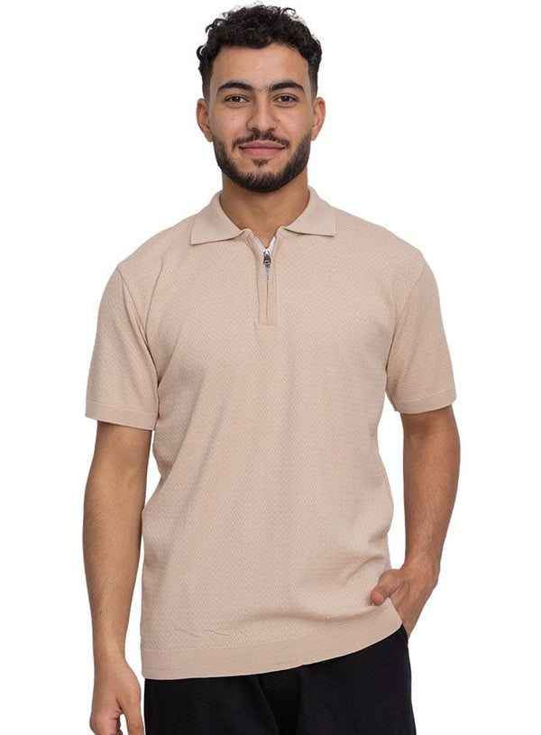 Beige Design 01056Knit Polo Neck Zipper - T-Shirt - Khotwh