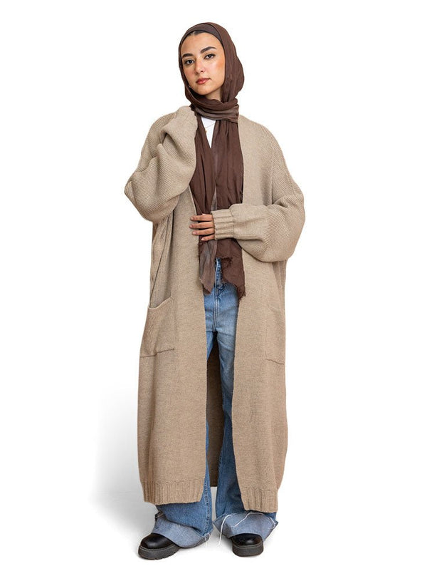Beige knitted - Long Cardigan - Khotwh