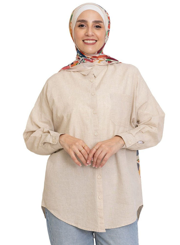 Beige Pocket Over Size Linen Shirt - Khotwh
