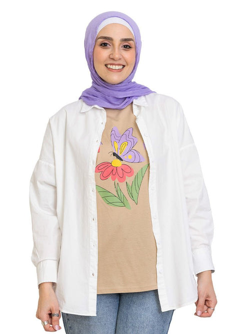 Beige Printed O.S Short - Sleeve Design 10 - Khotwh
