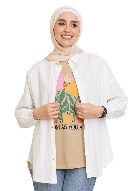 Beige Printed O.S Short - Sleeve Design 14 - Khotwh