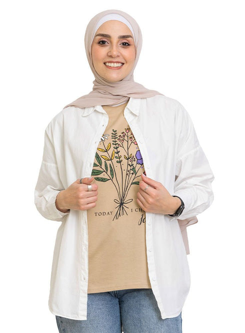 Beige Printed O.S Short - Sleeve Design 17 - Khotwh