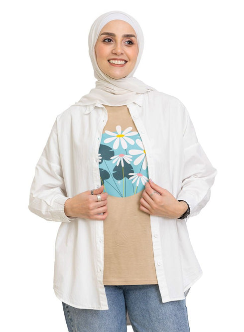 Beige Printed O.S Short - Sleeve Design 19 - Khotwh