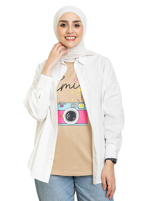 Beige Printed O.S Short - Sleeve Design 20 - Khotwh