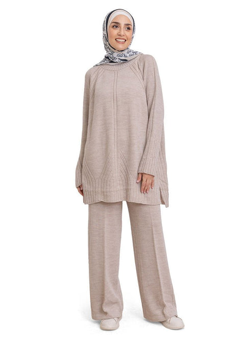Beige Ribbed Knit Suit - Khotwh
