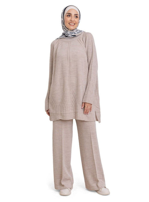 Beige Ribbed Knit Suit - Khotwh