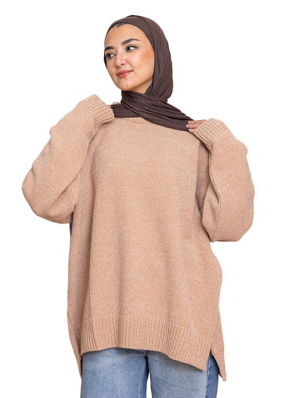 Beige Velvet V - Over Size Pullover - Khotwh