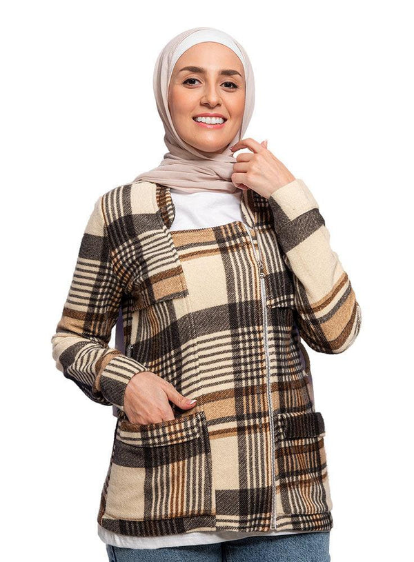 Beige Zipper Checkered Jacket - Khotwh
