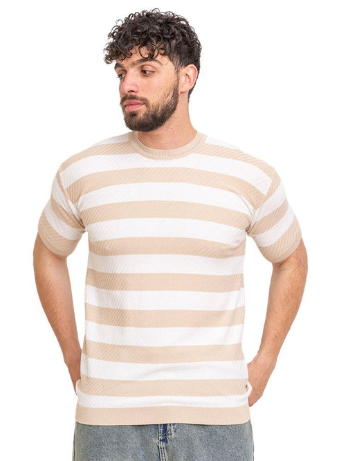 Beige*white Design 01015Knit S - Round T-Shirt - Khotwh