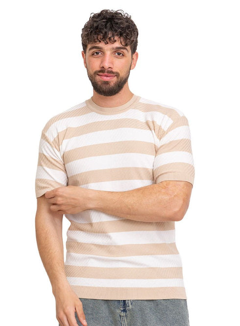 Beige*white Design 01015Knit S - Round T-Shirt - Khotwh