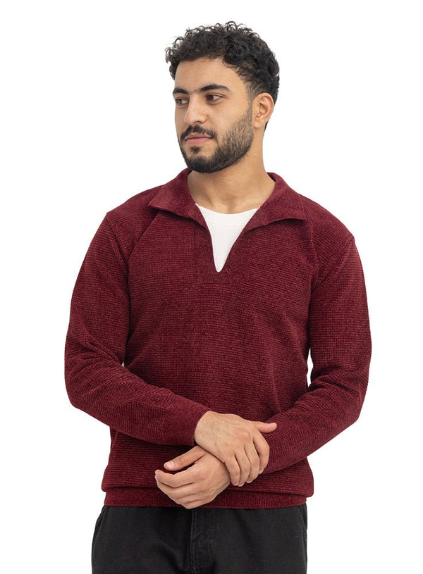 Bergundy Double-Layerd Polo Neck Pullover - Khotwh