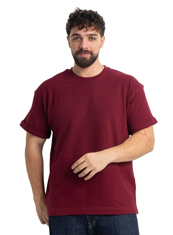 Bergundy UpSide Sleeve -Crunchy-Oversize Round T-Shirt - Khotwh