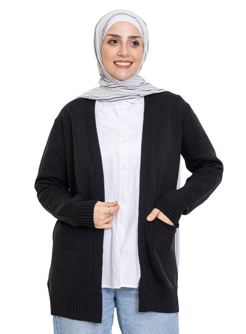 Black Basic Pocket Cardigan - Khotwh