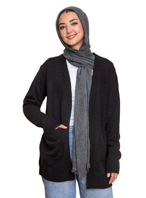 Black Basic Pocket Cardigan - Khotwh