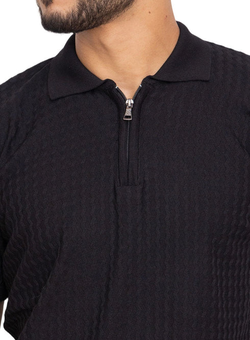 Black Design 01011Knit Polo Neck Zipper - T-Shirt - Khotwh
