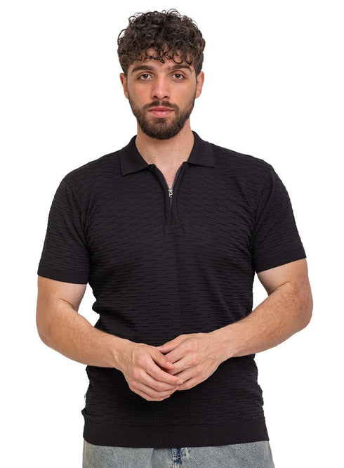 Black Design 01024Knit Polo Neck Zipper - T-Shirt - Khotwh