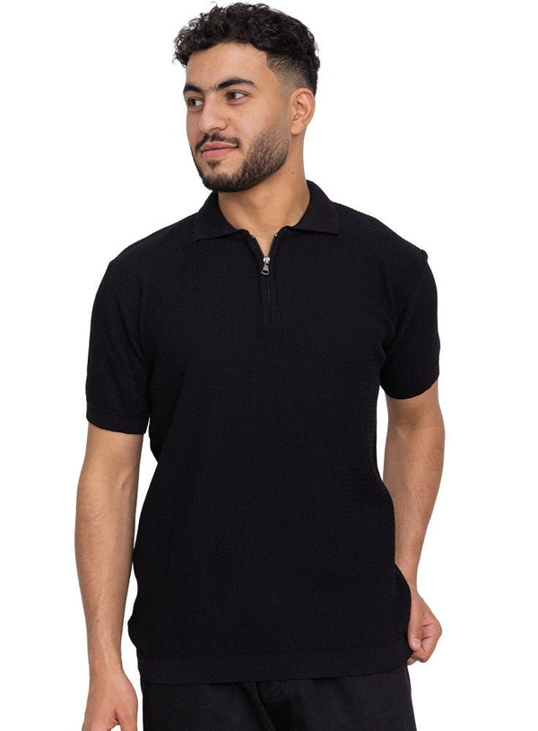 Black Design 01025Knit Polo Neck Zipper - T-Shirt - Khotwh