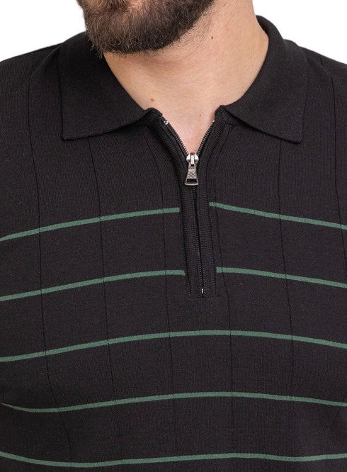 Black Design 01039Knit Polo Neck Zipper - T-Shirt - Khotwh