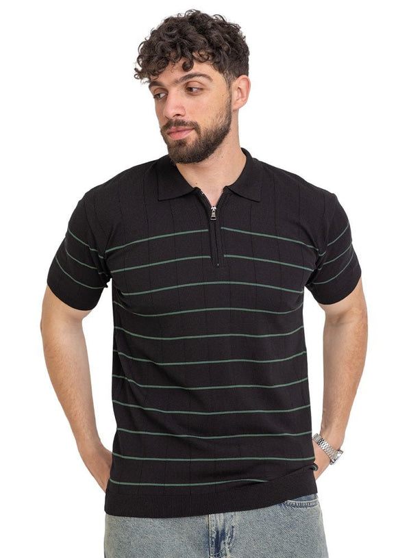 Black Design 01039Knit Polo Neck Zipper - T-Shirt - Khotwh