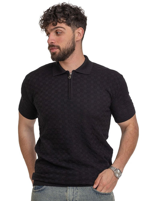 Black Design 01040Knit Polo Neck Zipper - T-Shirt - Khotwh