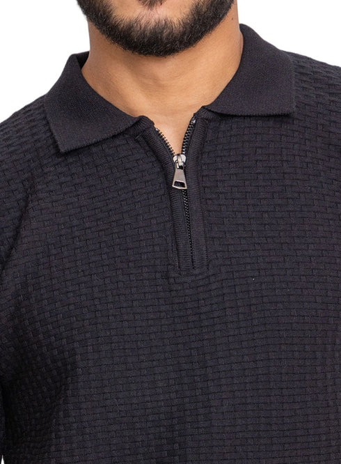 Black Design 01043Knit Polo Neck Zipper - T-Shirt - Khotwh
