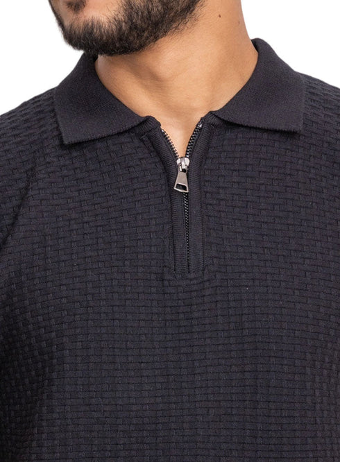 Black Design 01043Knit Polo Neck Zipper - T-Shirt - Khotwh