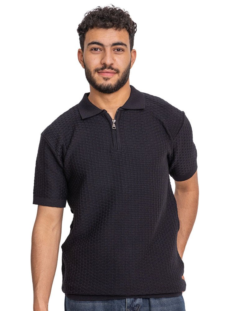 Men's Black Striped Knit Polo T-Shirt with Zipper Detail main image 1