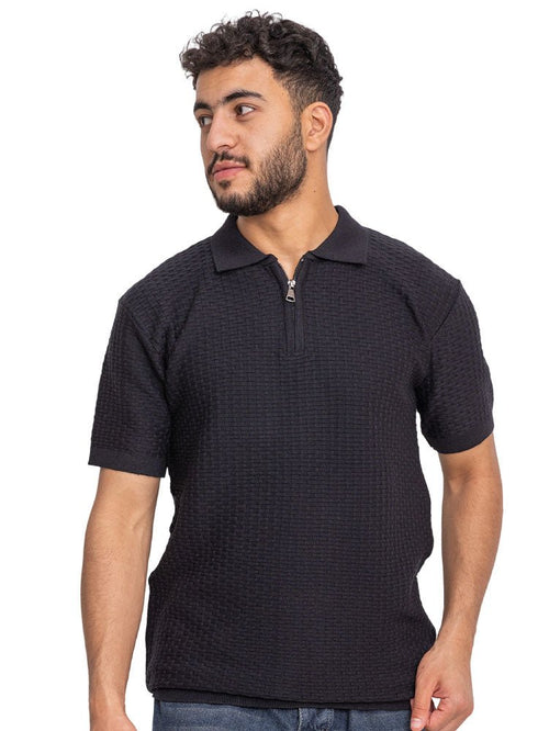 Black Design 01043Knit Polo Neck Zipper - T-Shirt - Khotwh