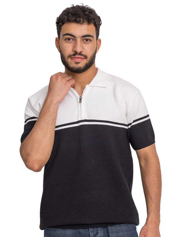 Black Design 01049Knit Polo Neck Zipper - T-Shirt - Khotwh