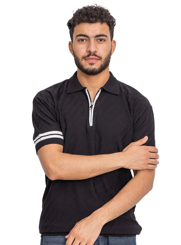 Black Design 01052Knit Polo Neck Zipper - T-Shirt - Khotwh