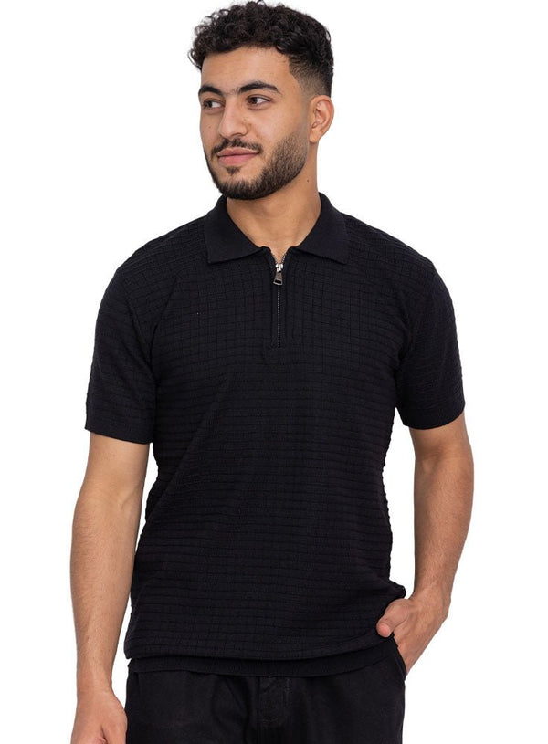 Black Design 01053Knit Polo Neck Zipper - T-Shirt - Khotwh