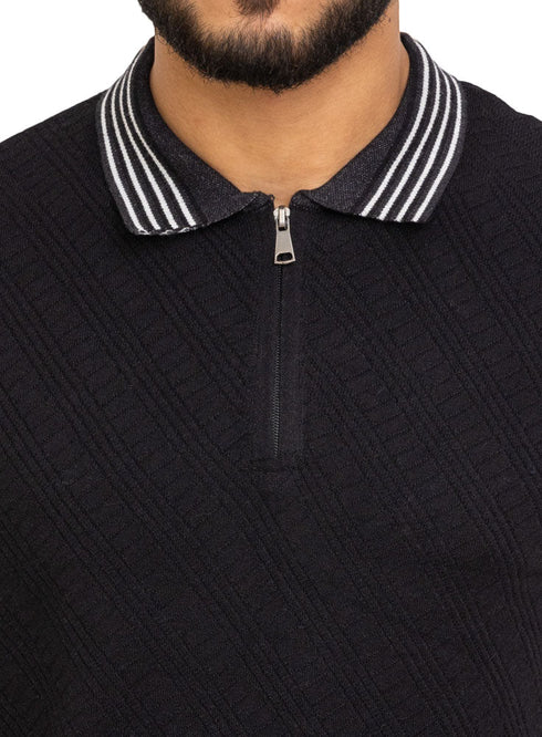 Black Design 7506Knit Polo Neck Zipper - T-Shirt - Khotwh