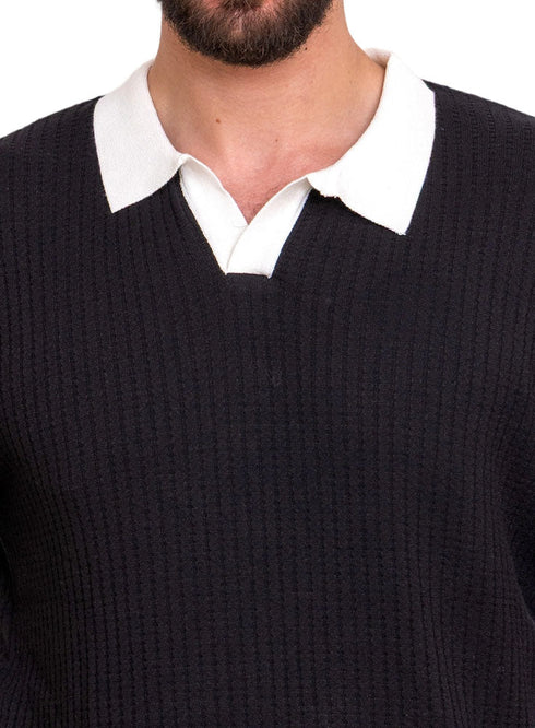 Black Design 7571Knit Polo Neck - T-Shirt - Khotwh