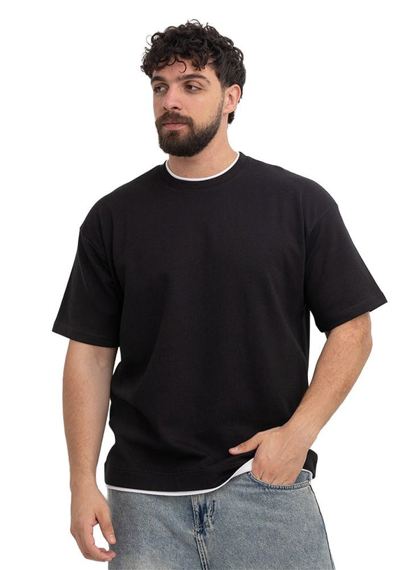 Black Double-Layerd Oversize Round T-Shirt - Khotwh