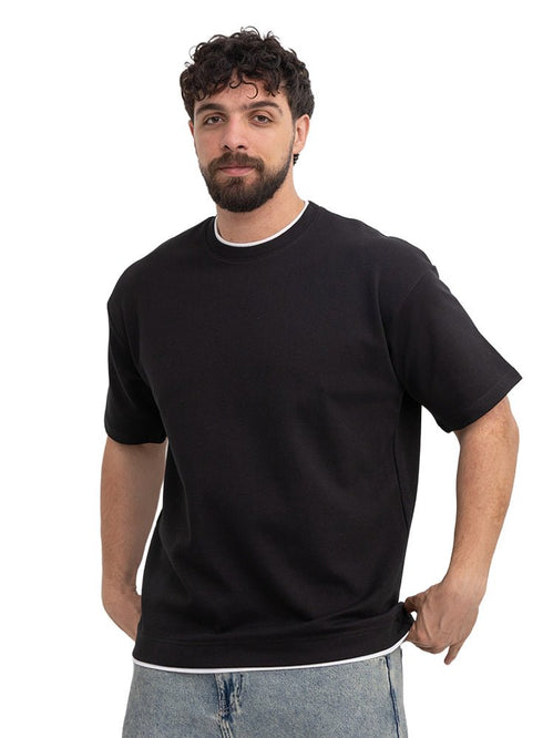 Black Double-Layerd Oversize Round T-Shirt - Khotwh