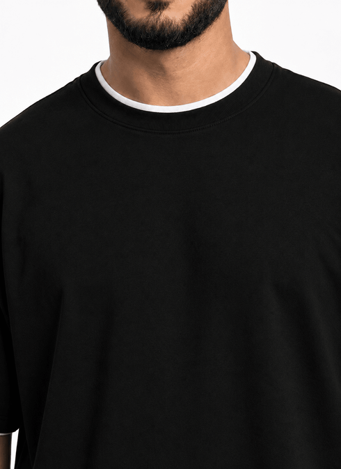 Black Double-Layerd Oversize Round T-Shirt - Khotwh