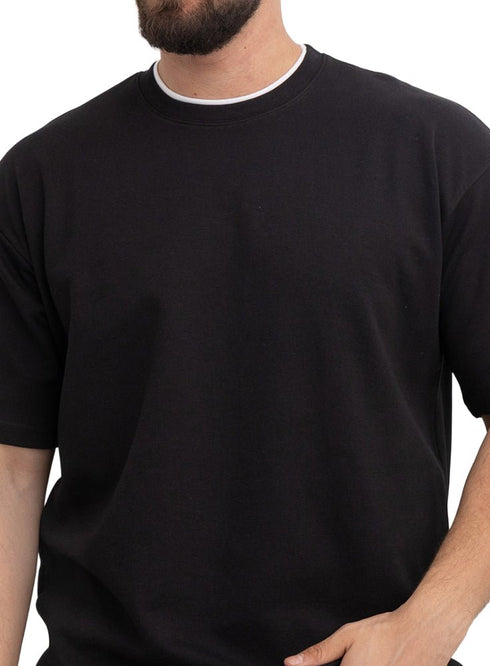 Black Double-Layerd Oversize Round T-Shirt - Khotwh