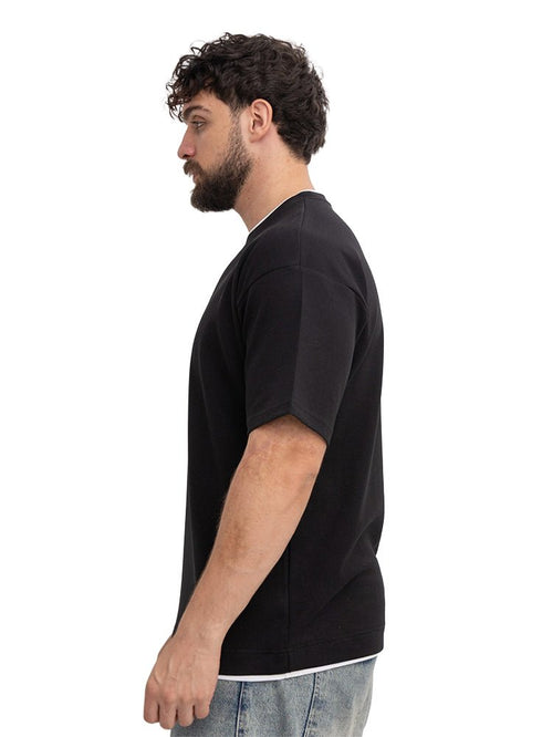 Black Double-Layerd Oversize Round T-Shirt - Khotwh