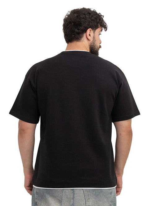 Black Double-Layerd Oversize Round T-Shirt - Khotwh