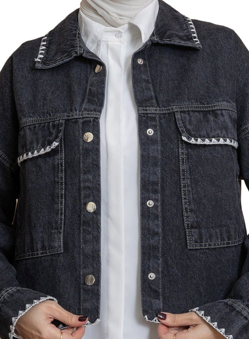 Black Embroidered - Jacket Jeans - Khotwh