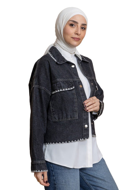 Black Embroidered - Jacket Jeans - Khotwh