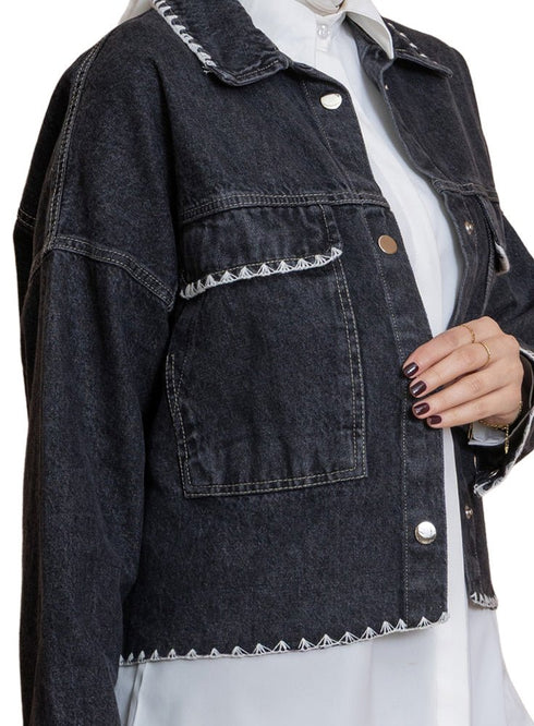 Black Embroidered - Jacket Jeans - Khotwh