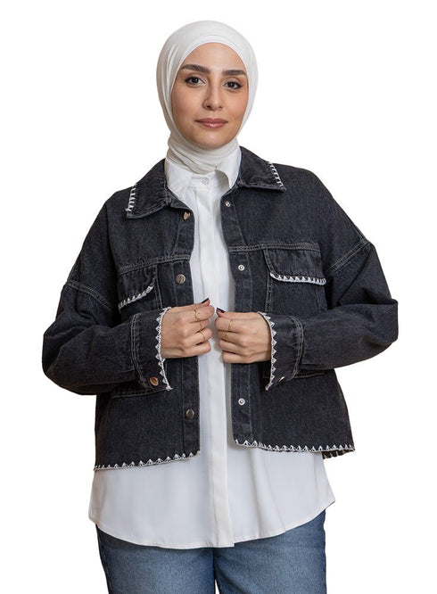 Black Embroidered - Jacket Jeans - Khotwh