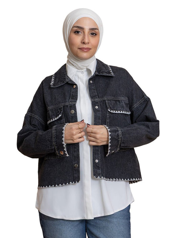 Black Embroidered - Jacket Jeans - Khotwh